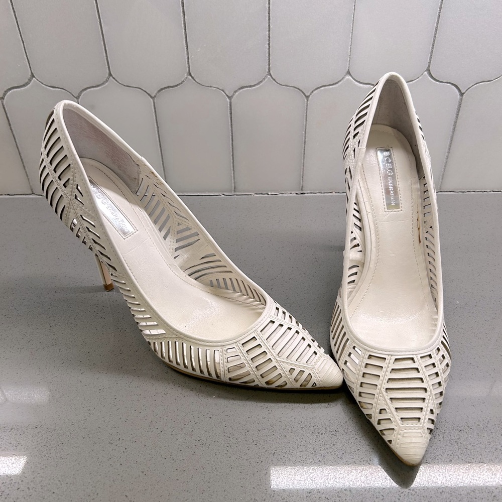 BCBG Maxaria heels- white cut out pattern